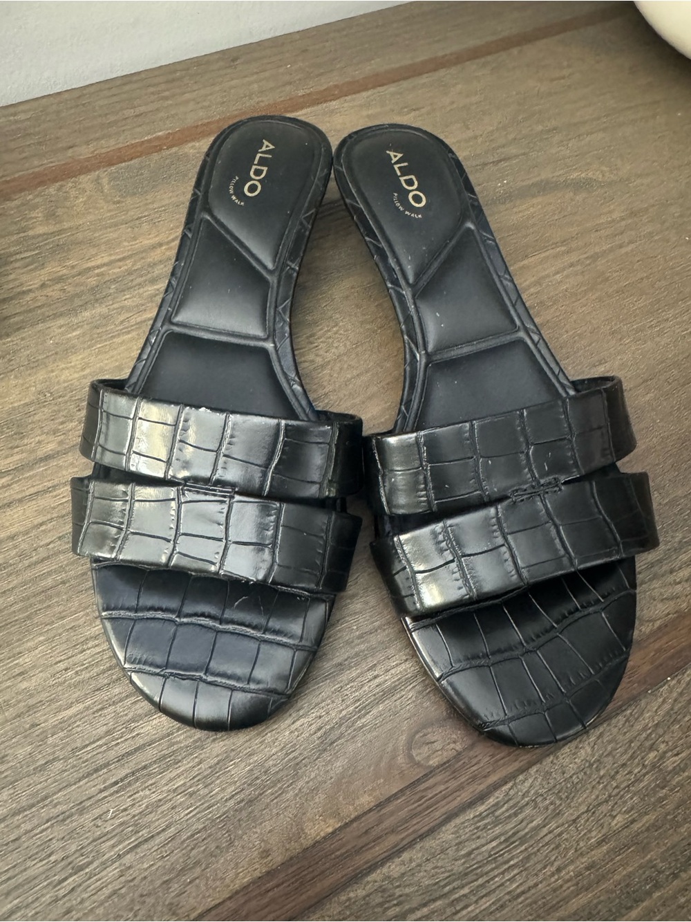 ALDO Black Croc-Embossed Double Band Slide Sandals